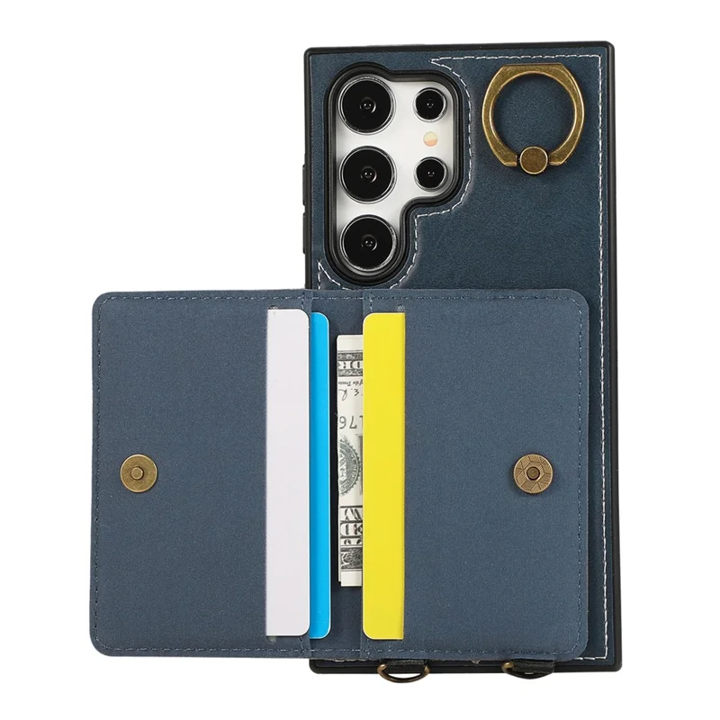 For Samsung Galaxy S24 Ultra PU Leather Back Case Card Holder Kickstand Phone Cover with Wrist Strap - Blue