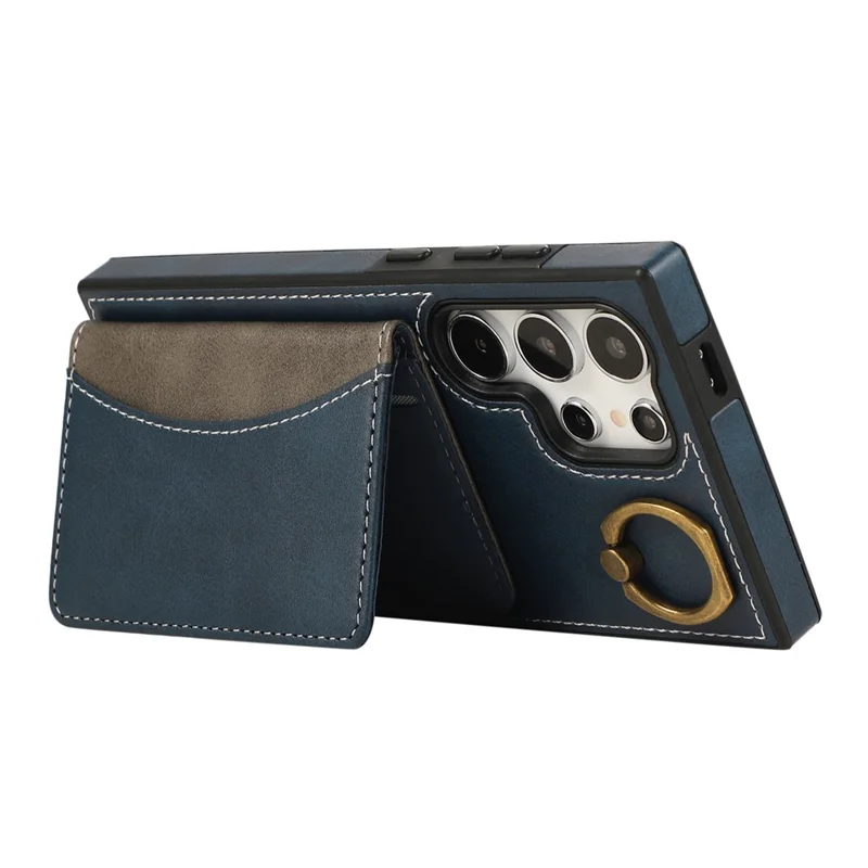 For Samsung Galaxy S24 Ultra PU Leather Back Case Card Holder Kickstand Phone Cover with Wrist Strap - Blue