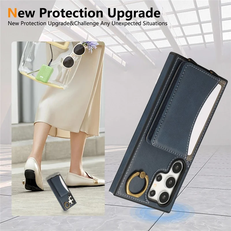 For Samsung Galaxy S24 Ultra PU Leather Back Case Card Holder Kickstand Phone Cover with Wrist Strap - Blue