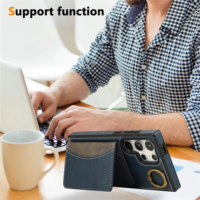 For Samsung Galaxy S24 Ultra PU Leather Back Case Card Holder Kickstand Phone Cover with Wrist Strap - Blue