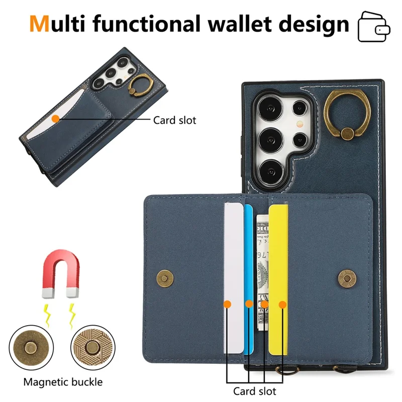 For Samsung Galaxy S24 Ultra PU Leather Back Case Card Holder Kickstand Phone Cover with Wrist Strap - Blue