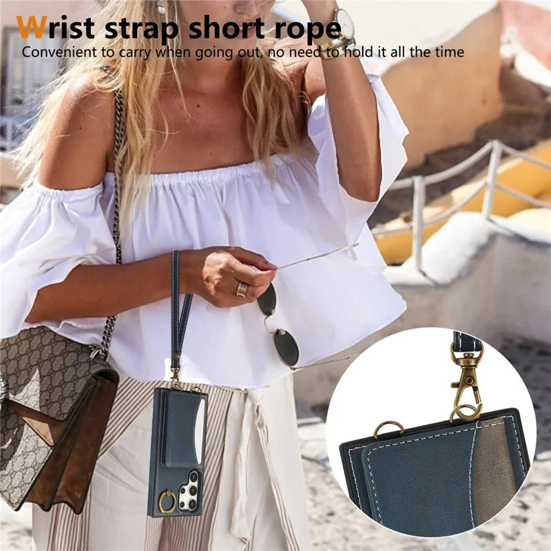 For Samsung Galaxy S24 Ultra PU Leather Back Case Card Holder Kickstand Phone Cover with Wrist Strap - Blue