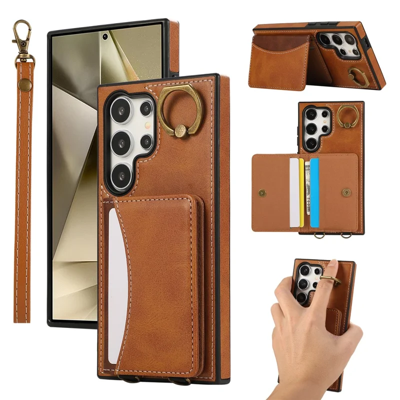 For Samsung Galaxy S24 Ultra PU Leather Back Case Card Holder Kickstand Phone Cover with Wrist Strap - Brown