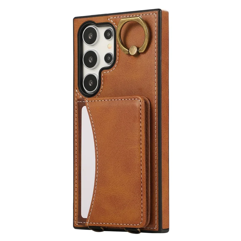 For Samsung Galaxy S24 Ultra PU Leather Back Case Card Holder Kickstand Phone Cover with Wrist Strap - Brown