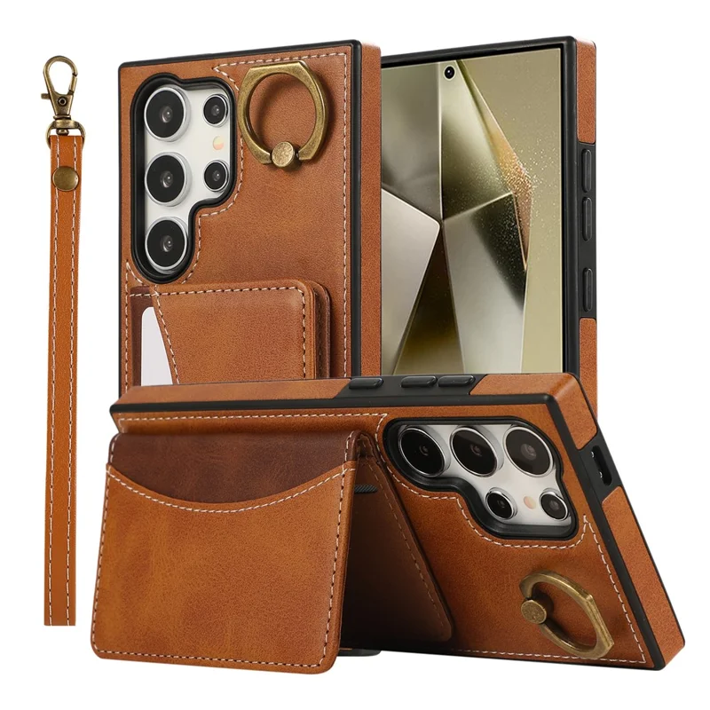 For Samsung Galaxy S24 Ultra PU Leather Back Case Card Holder Kickstand Phone Cover with Wrist Strap - Brown