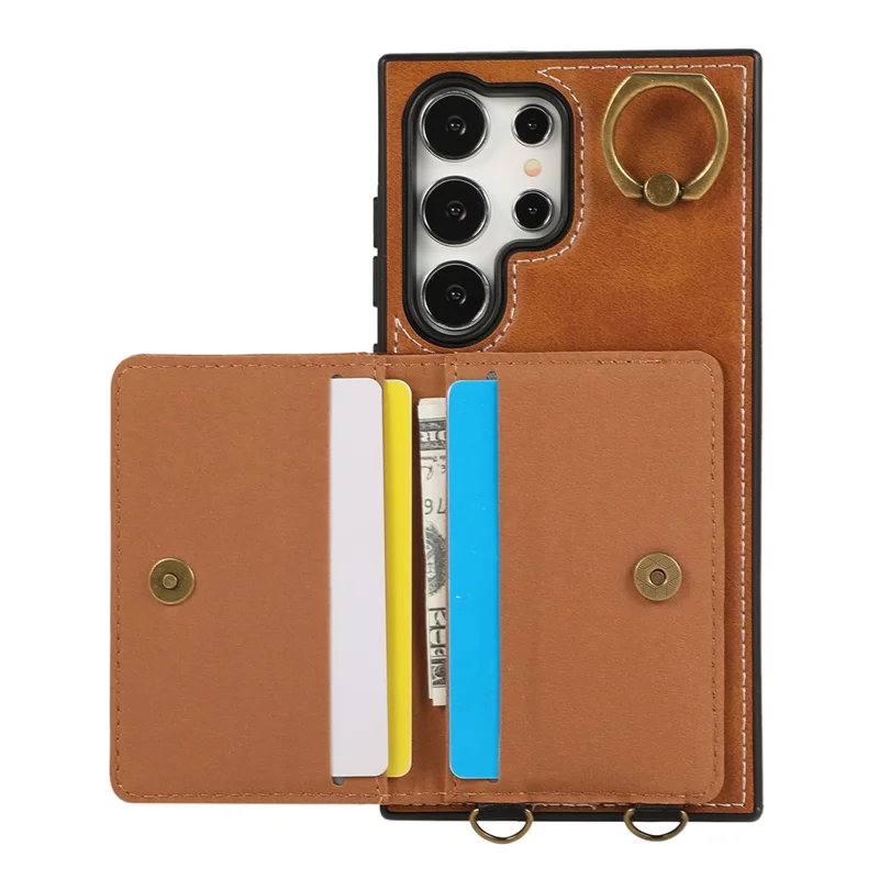 For Samsung Galaxy S24 Ultra PU Leather Back Case Card Holder Kickstand Phone Cover with Wrist Strap - Brown