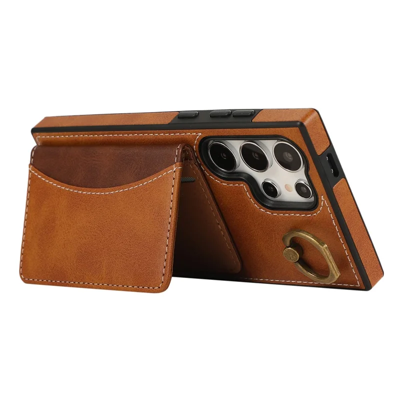For Samsung Galaxy S24 Ultra PU Leather Back Case Card Holder Kickstand Phone Cover with Wrist Strap - Brown