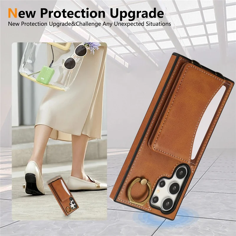 For Samsung Galaxy S24 Ultra PU Leather Back Case Card Holder Kickstand Phone Cover with Wrist Strap - Brown