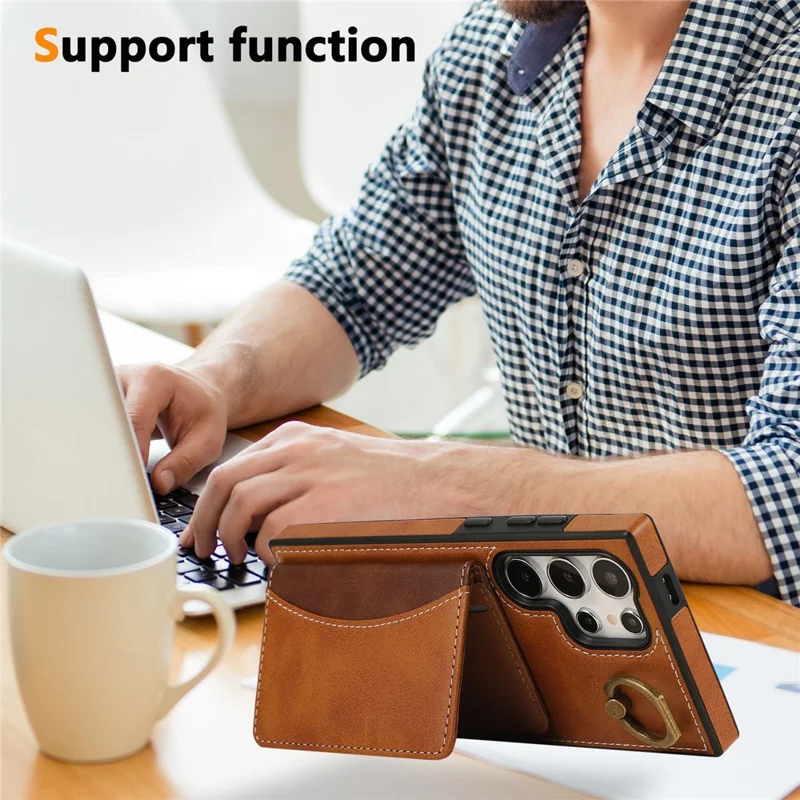 For Samsung Galaxy S24 Ultra PU Leather Back Case Card Holder Kickstand Phone Cover with Wrist Strap - Brown