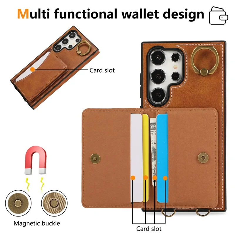 For Samsung Galaxy S24 Ultra PU Leather Back Case Card Holder Kickstand Phone Cover with Wrist Strap - Brown