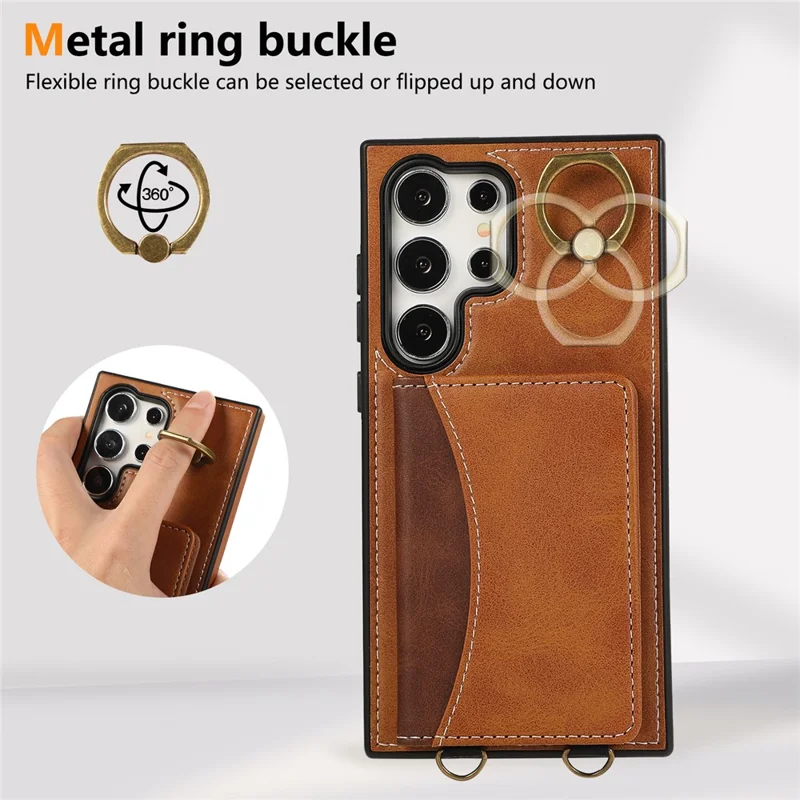 For Samsung Galaxy S24 Ultra PU Leather Back Case Card Holder Kickstand Phone Cover with Wrist Strap - Brown