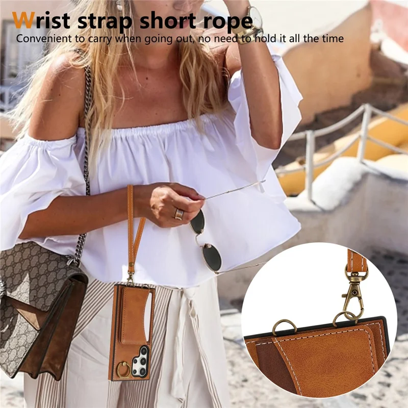 For Samsung Galaxy S24 Ultra PU Leather Back Case Card Holder Kickstand Phone Cover with Wrist Strap - Brown