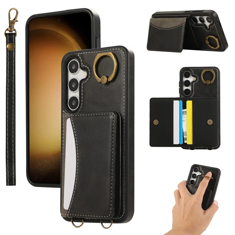 Für Samsung Galaxy S24+ PU-Leder-Rückseitenabdeckung mit Kartenhalter, Kickstand und Handschlaufe - Schwarz