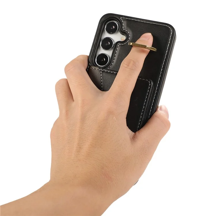 Für Samsung Galaxy S24+ PU-Leder-Rückseitenabdeckung mit Kartenhalter, Kickstand und Handschlaufe - Schwarz