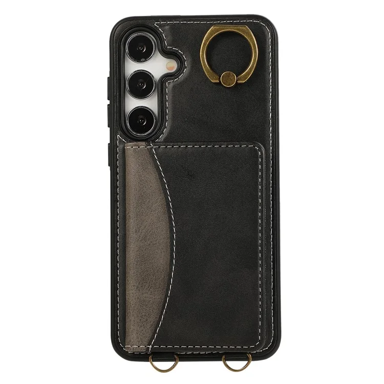 Für Samsung Galaxy S24+ PU-Leder-Rückseitenabdeckung mit Kartenhalter, Kickstand und Handschlaufe - Schwarz