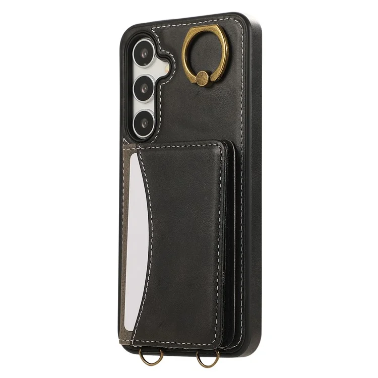 Für Samsung Galaxy S24+ PU-Leder-Rückseitenabdeckung mit Kartenhalter, Kickstand und Handschlaufe - Schwarz