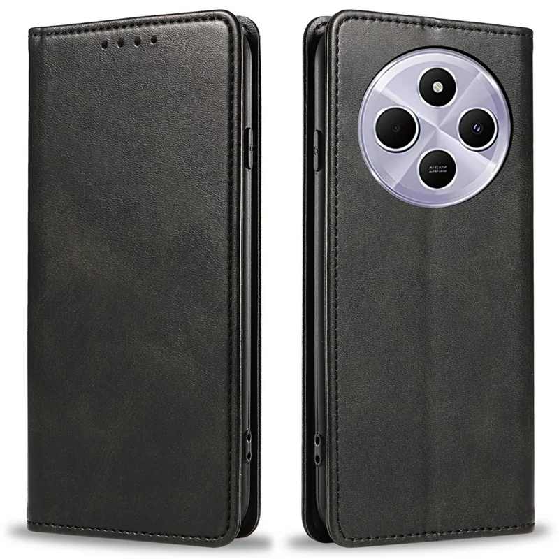 Capa para Xiaomi Redmi 14R 5G, couro PU com textura de bezerro, com forte magnetismo - Preto