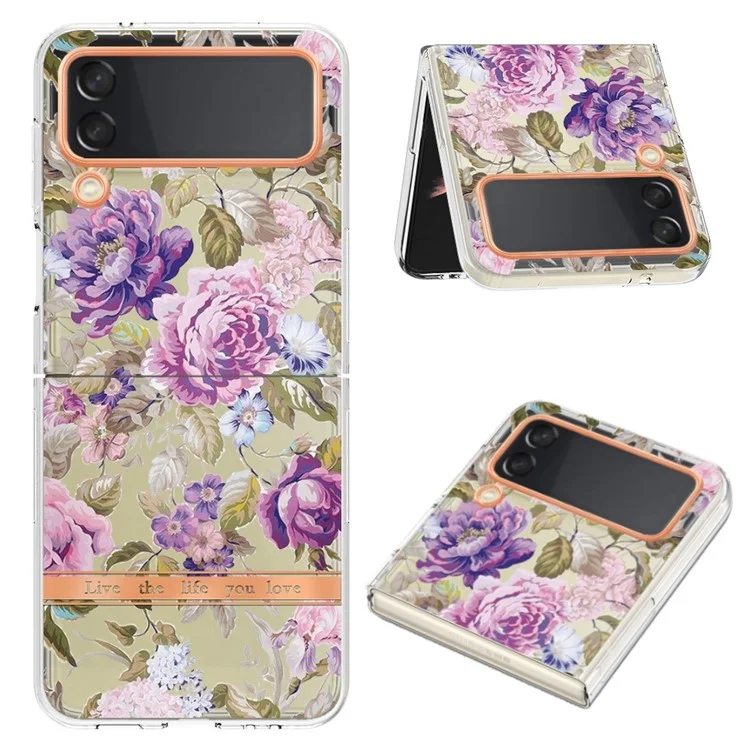 Série YB IMD-8 pour Samsung Galaxy Z Flip4 5G Coque Téléphone Motif Fleurs IMD TPU Cadre Électrolytique - HC006 Pivoine Violette