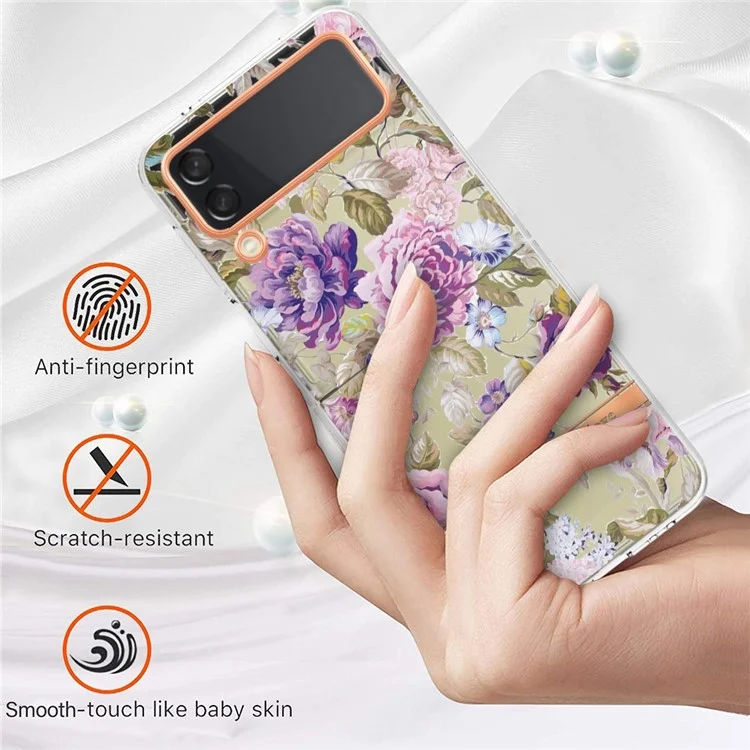 Série YB IMD-8 pour Samsung Galaxy Z Flip4 5G Coque Téléphone Motif Fleurs IMD TPU Cadre Électrolytique - HC006 Pivoine Violette