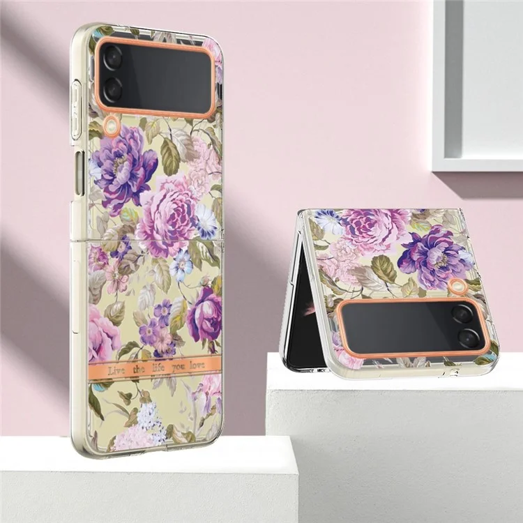 Série YB IMD-8 pour Samsung Galaxy Z Flip4 5G Coque Téléphone Motif Fleurs IMD TPU Cadre Électrolytique - HC006 Pivoine Violette