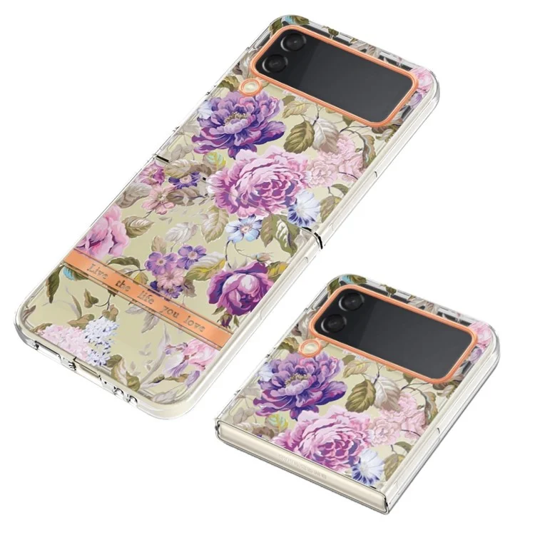 Série YB IMD-8 pour Samsung Galaxy Z Flip4 5G Coque Téléphone Motif Fleurs IMD TPU Cadre Électrolytique - HC006 Pivoine Violette