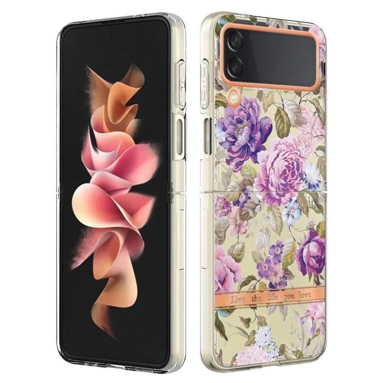 Série YB IMD-8 pour Samsung Galaxy Z Flip4 5G Coque Téléphone Motif Fleurs IMD TPU Cadre Électrolytique - HC006 Pivoine Violette