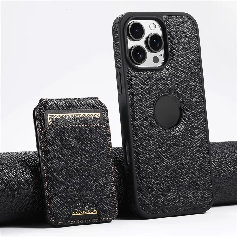 SUTENI M2 For iPhone 16 Pro Max Magnetic Case Cross Texture Leather Back Cover with Detachable Card Bag - Black