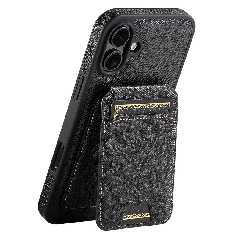SUTENI M2 For iPhone 16 Magnetic Case Cross Texture Leather Back Cover with Detachable Card Bag - Black