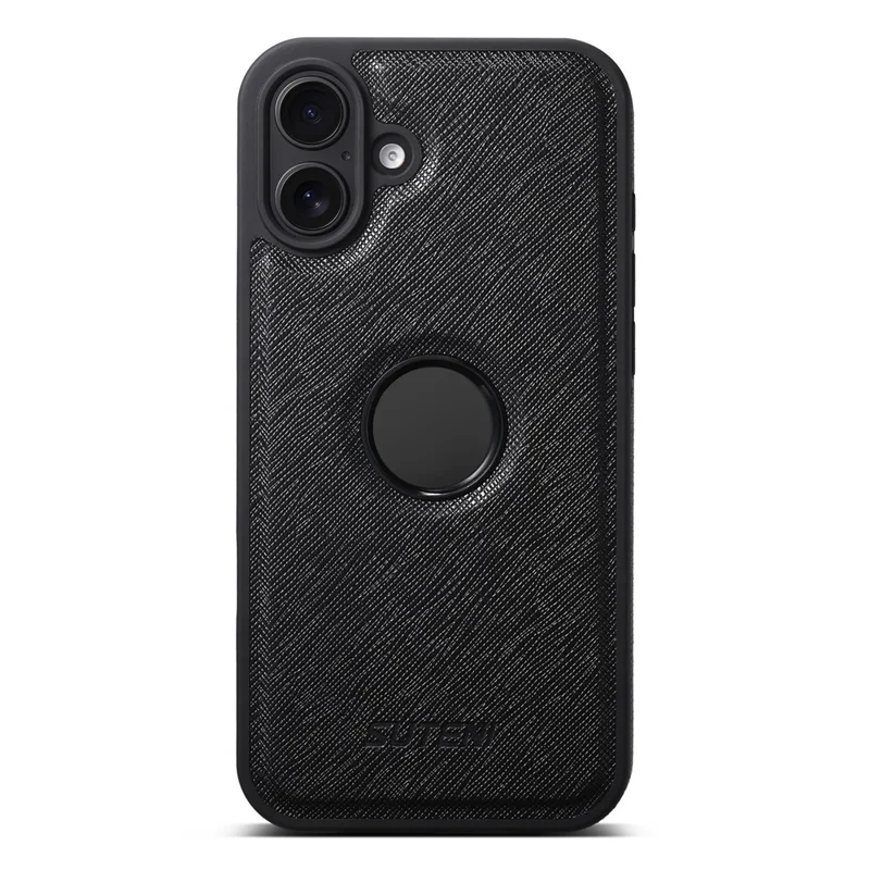 SUTENI M2 For iPhone 16 Magnetic Case Cross Texture Leather Back Cover with Detachable Card Bag - Black