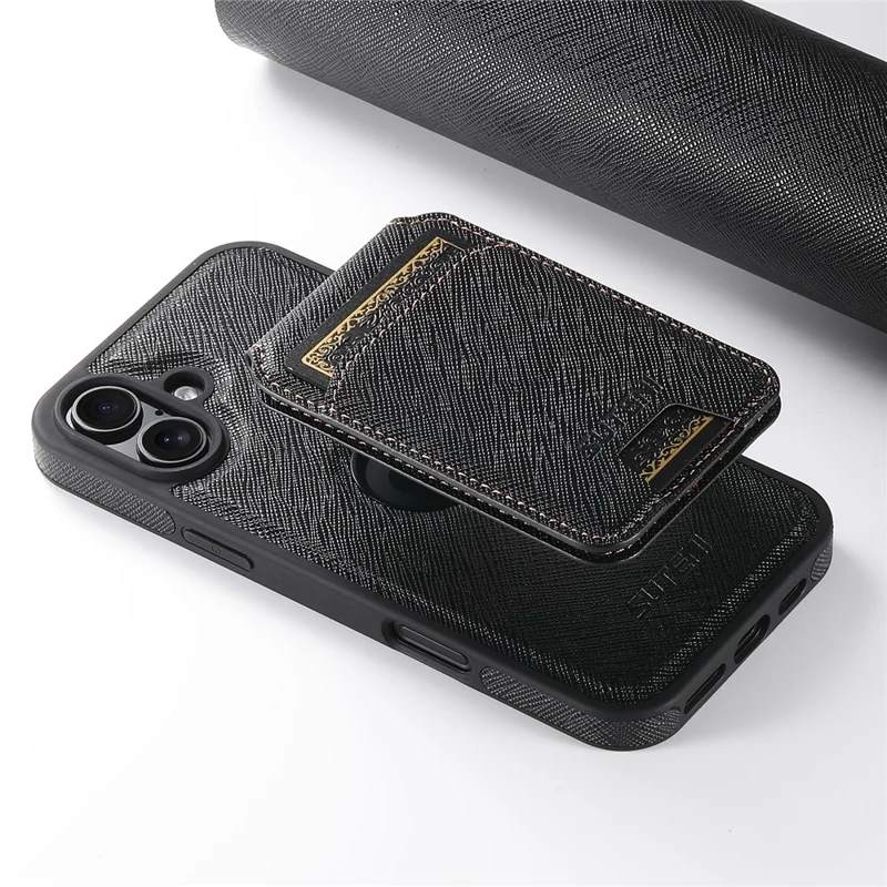 SUTENI M2 For iPhone 16 Magnetic Case Cross Texture Leather Back Cover with Detachable Card Bag - Black