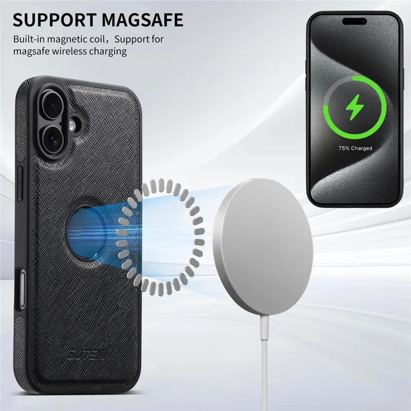 SUTENI M2 For iPhone 16 Magnetic Case Cross Texture Leather Back Cover with Detachable Card Bag - Black