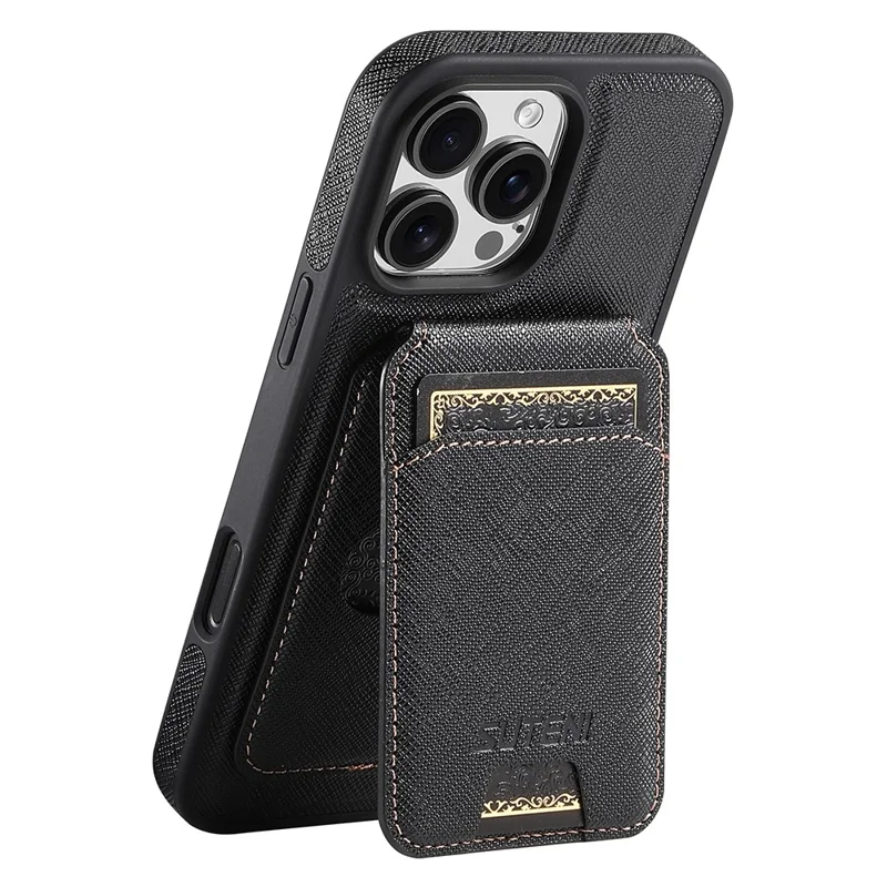 SUTENI M2 For iPhone 16 Pro Magnetic Case Cross Texture Leather Back Cover with Detachable Card Bag - Black
