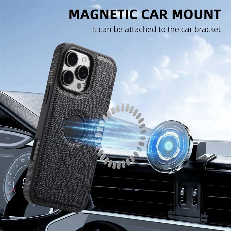 SUTENI M2 For iPhone 16 Pro Magnetic Case Cross Texture Leather Back Cover with Detachable Card Bag - Black