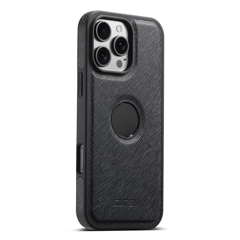 SUTENI M2 For iPhone 16 Pro Magnetic Case Cross Texture Leather Back Cover with Detachable Card Bag - Black