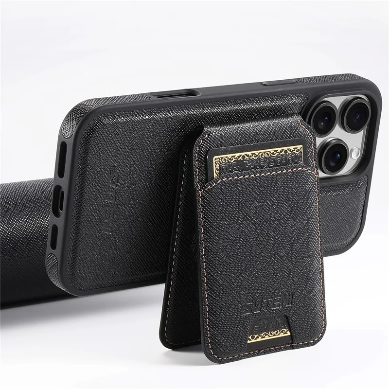 SUTENI M2 For iPhone 16 Pro Magnetic Case Cross Texture Leather Back Cover with Detachable Card Bag - Black