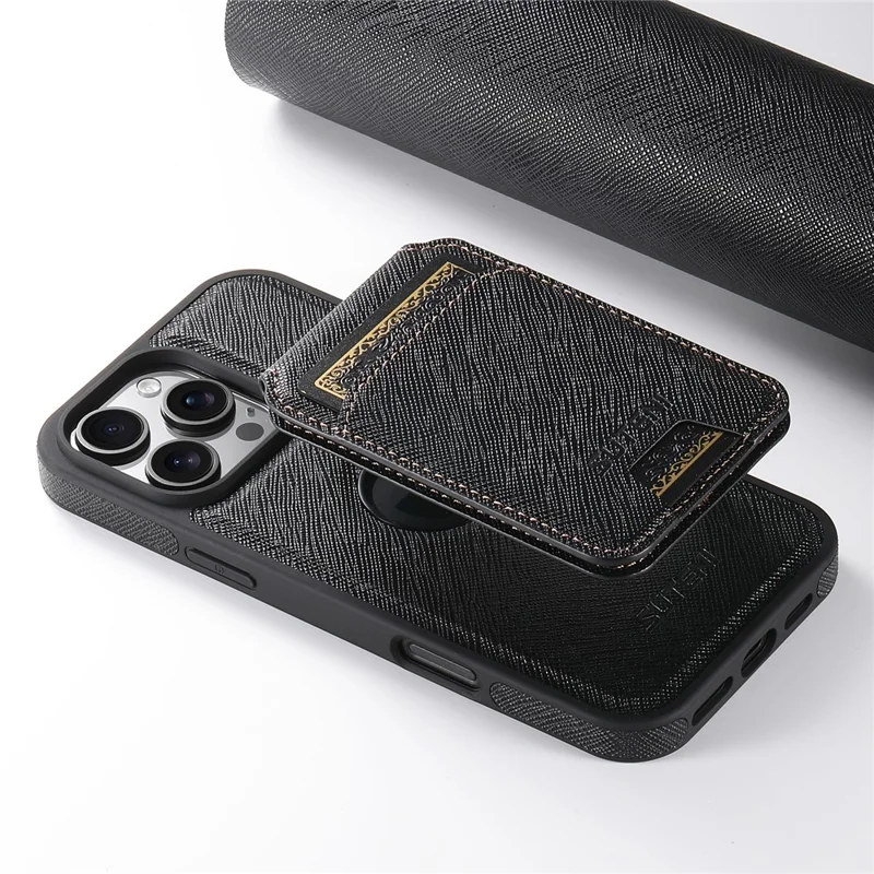 SUTENI M2 For iPhone 16 Pro Magnetic Case Cross Texture Leather Back Cover with Detachable Card Bag - Black