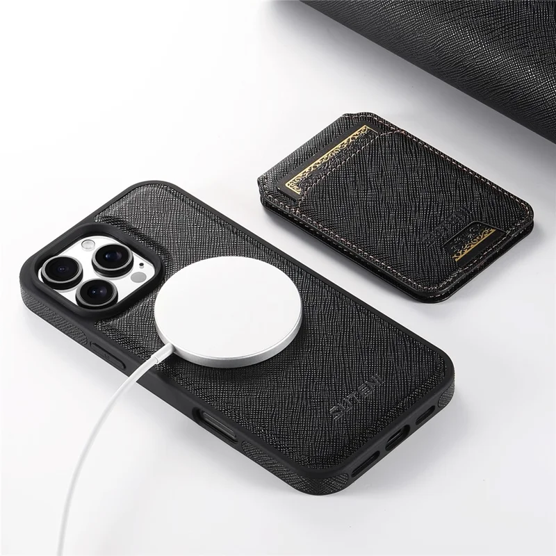 SUTENI M2 For iPhone 16 Pro Magnetic Case Cross Texture Leather Back Cover with Detachable Card Bag - Black
