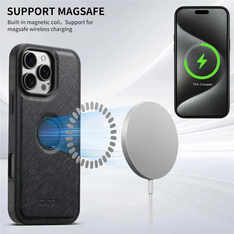 SUTENI M2 For iPhone 16 Pro Magnetic Case Cross Texture Leather Back Cover with Detachable Card Bag - Black