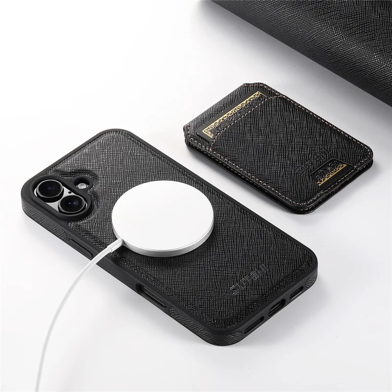 SUTENI M2 For iPhone 16 Plus Magnetic Case Cross Texture Leather Back Cover with Detachable Card Bag - Black