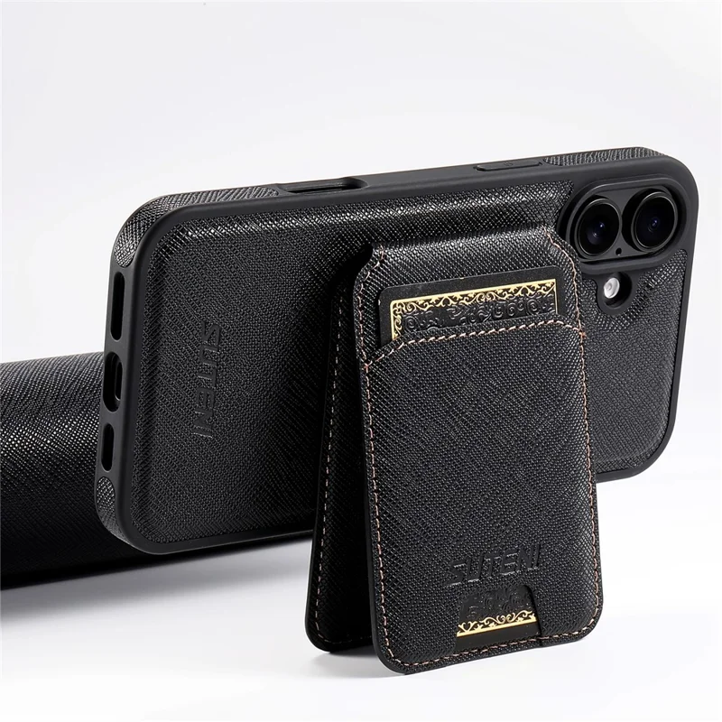 SUTENI M2 For iPhone 16 Plus Magnetic Case Cross Texture Leather Back Cover with Detachable Card Bag - Black