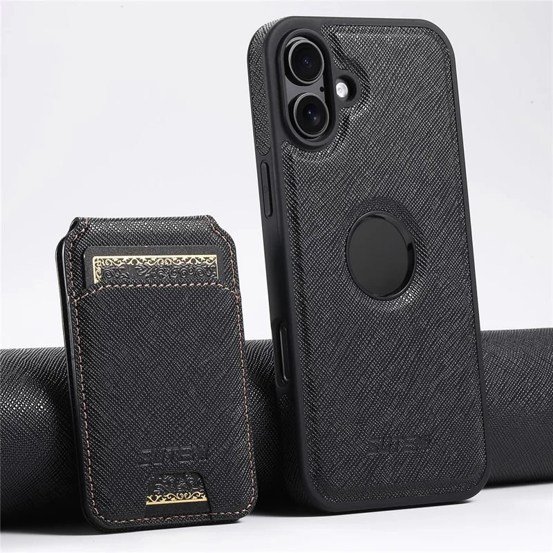 SUTENI M2 For iPhone 16 Plus Magnetic Case Cross Texture Leather Back Cover with Detachable Card Bag - Black