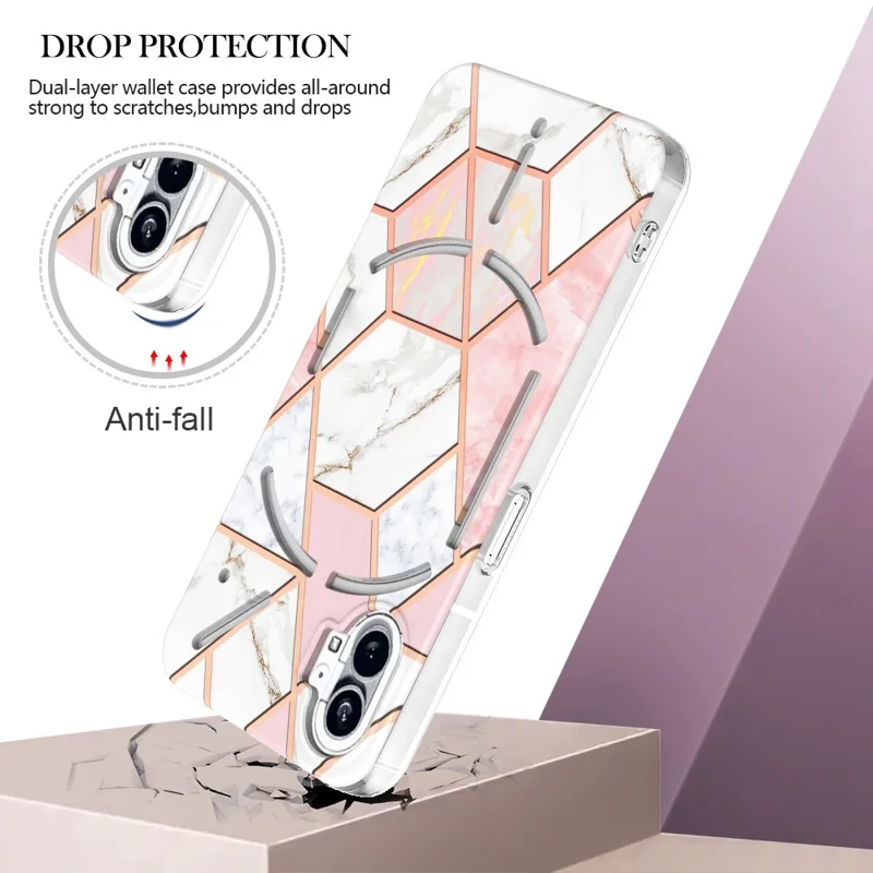 For Nothing Phone (1) 5G Case Splicing IMD Marble Pattern Electroplated TPU Back Cover - Pink  /  White