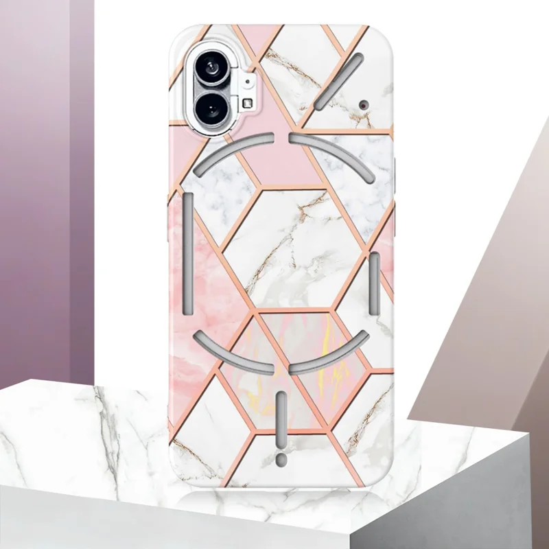 For Nothing Phone (1) 5G Case Splicing IMD Marble Pattern Electroplated TPU Back Cover - Pink  /  White