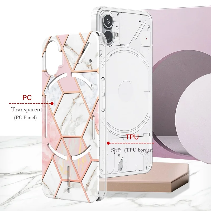 For Nothing Phone (1) 5G Case Splicing IMD Marble Pattern Electroplated TPU Back Cover - Pink  /  White