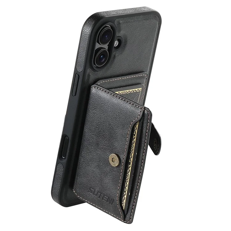 SUTENI M1 para iPhone 16 Carcasa Magnética Extraíble Funda Tarjeta Textura Encerada Cuero+TPU - Negro