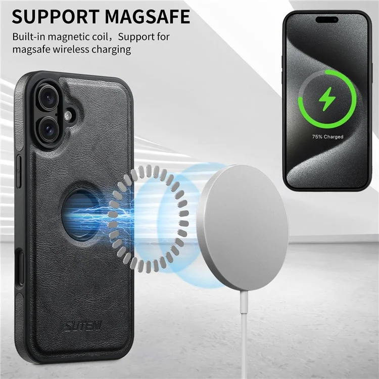 SUTENI M1 para iPhone 16 Carcasa Magnética Extraíble Funda Tarjeta Textura Encerada Cuero+TPU - Negro
