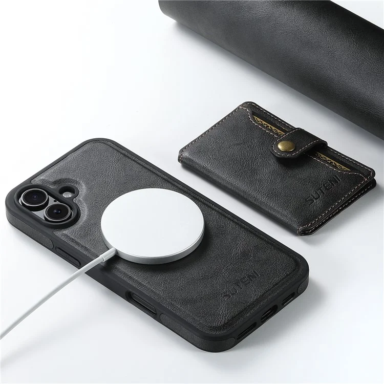 SUTENI M1 para iPhone 16 Carcasa Magnética Extraíble Funda Tarjeta Textura Encerada Cuero+TPU - Negro