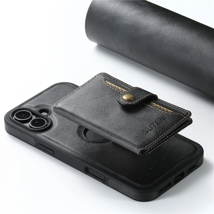 SUTENI M1 para iPhone 16 Carcasa Magnética Extraíble Funda Tarjeta Textura Encerada Cuero+TPU - Negro