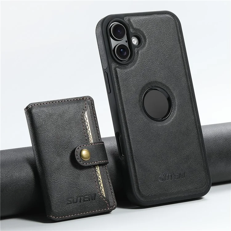 SUTENI M1 para iPhone 16 Carcasa Magnética Extraíble Funda Tarjeta Textura Encerada Cuero+TPU - Negro