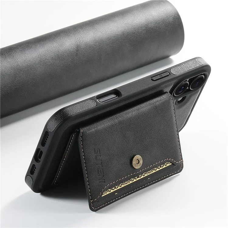 SUTENI M1 para iPhone 16 Carcasa Magnética Extraíble Funda Tarjeta Textura Encerada Cuero+TPU - Negro